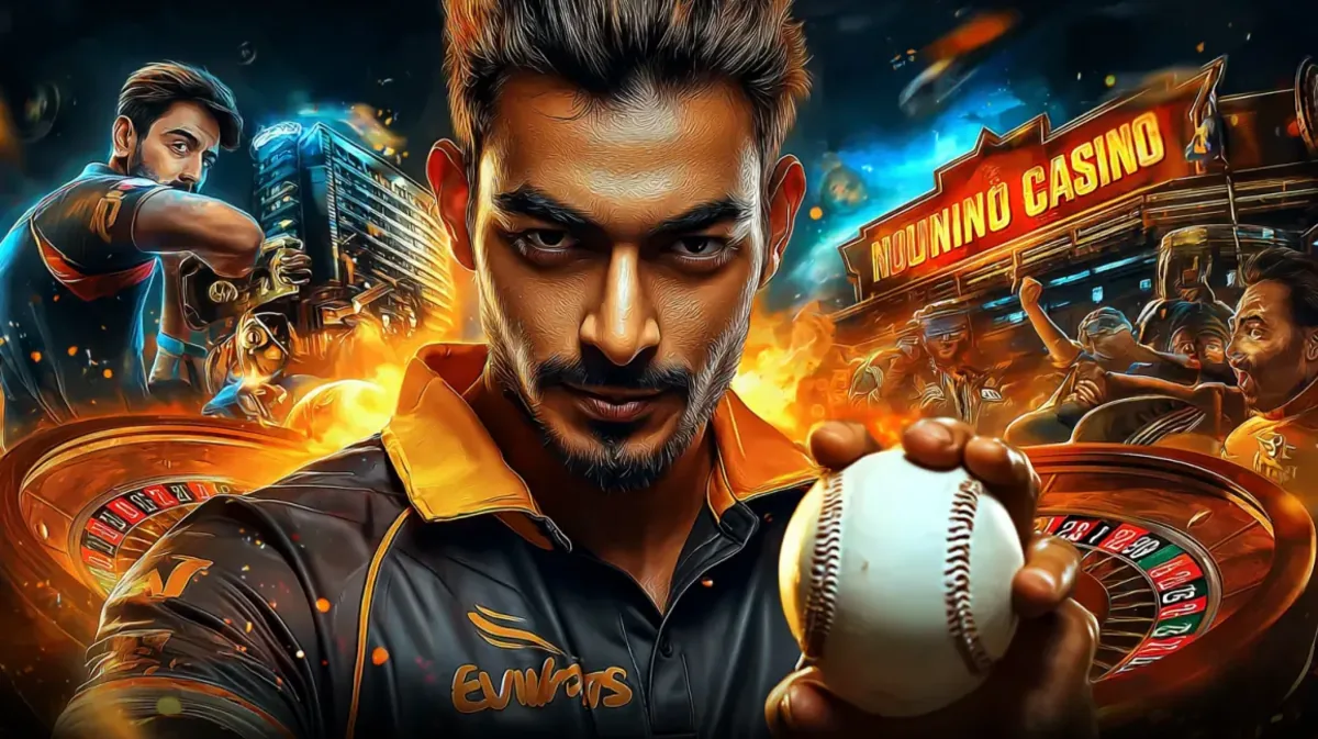 একটি তীব্র ক্রিকেট খেলোয়াড় একটি ক্রিকেট বল ধরে একটি সমন্বিত ছবিতে, যেখানে একটি ক্রীড়া স্টেডিয়াম ও bb44 game-এ জ্বলন্ত নিয়ন আলোয় পূর্ণ প্রাণবন্ত পরিবেশ একত্রিত হয়েছে।